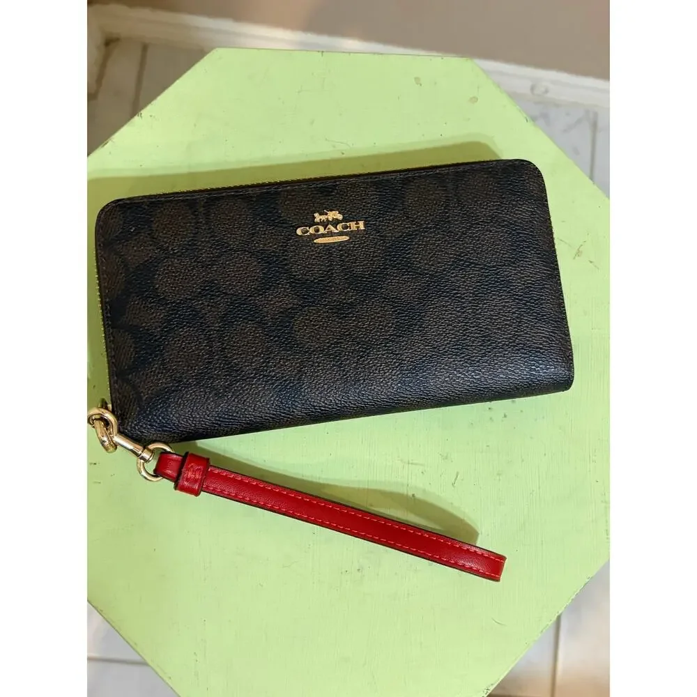 Coach City Zip Tote Brown Signature Canvas Red Leather Trim + Matching Wristlet
